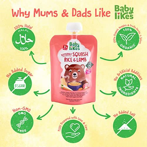 Babylikes - Halal Baby Puree Food Pouch - Butternut Squash, Rice And Lamb - 130 g - 12 Pcs