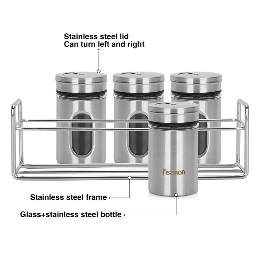 Fissman - Glass Salt & Pepper Shaker With Rack Set - 80 ml - 5pcs