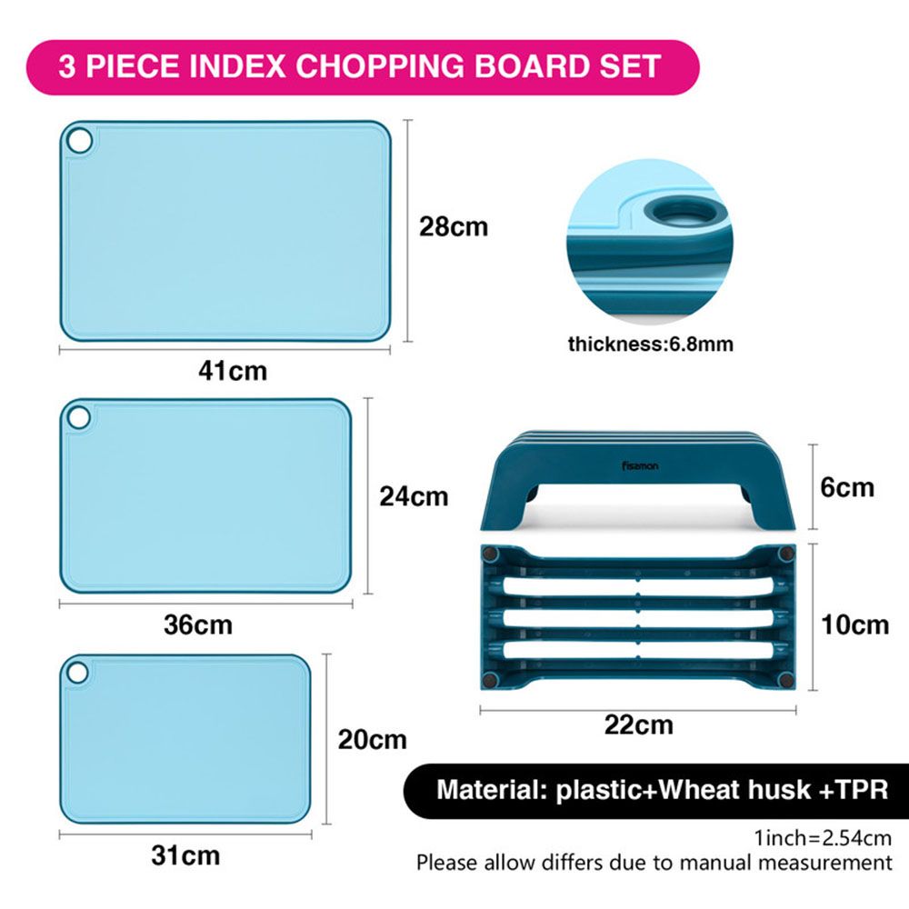 Fissman - Index Chopping Board With Holder - Blue - 3pcs - 41x28cm