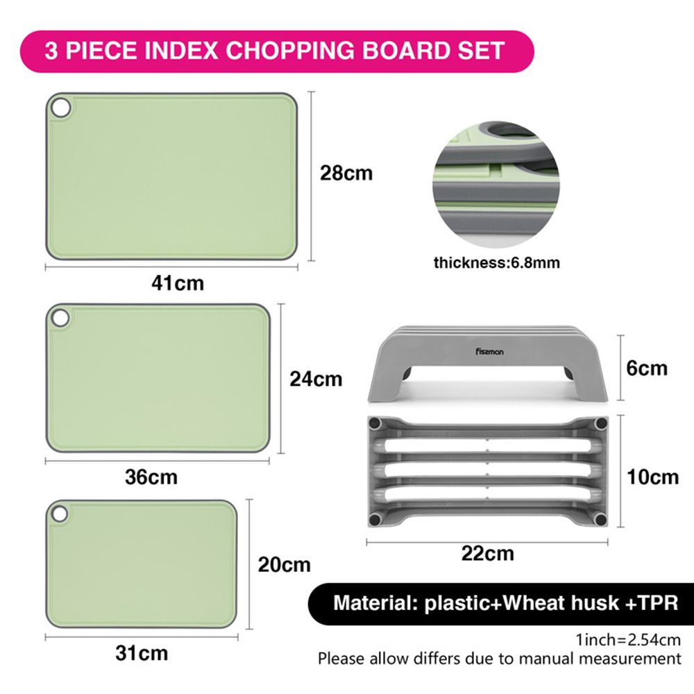 Fissman - Index Chopping Board With Holder - Green - 3pcs - 41x28cm