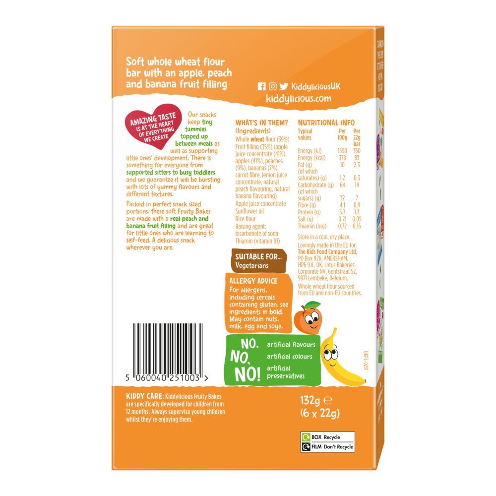 Kiddylicious - Peach And Banana Fruity Bakes Kids Snack - 22 g - Pack of 6