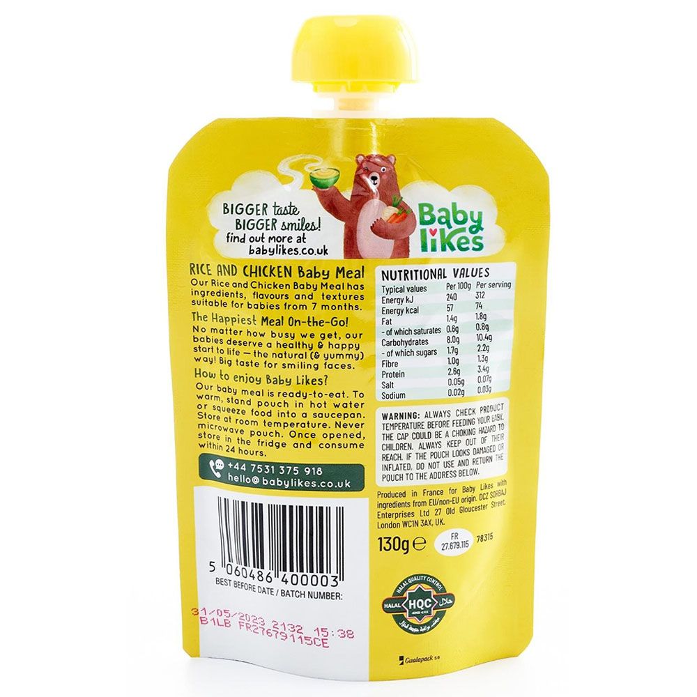 Babylikes - Halal Baby Puree Food Pouch - Rice and Chicken - 130 g