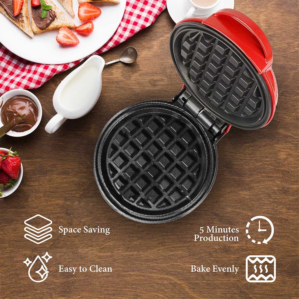 Jinou - Mini Waffle Maker - Red - 4-Inch - 350 W