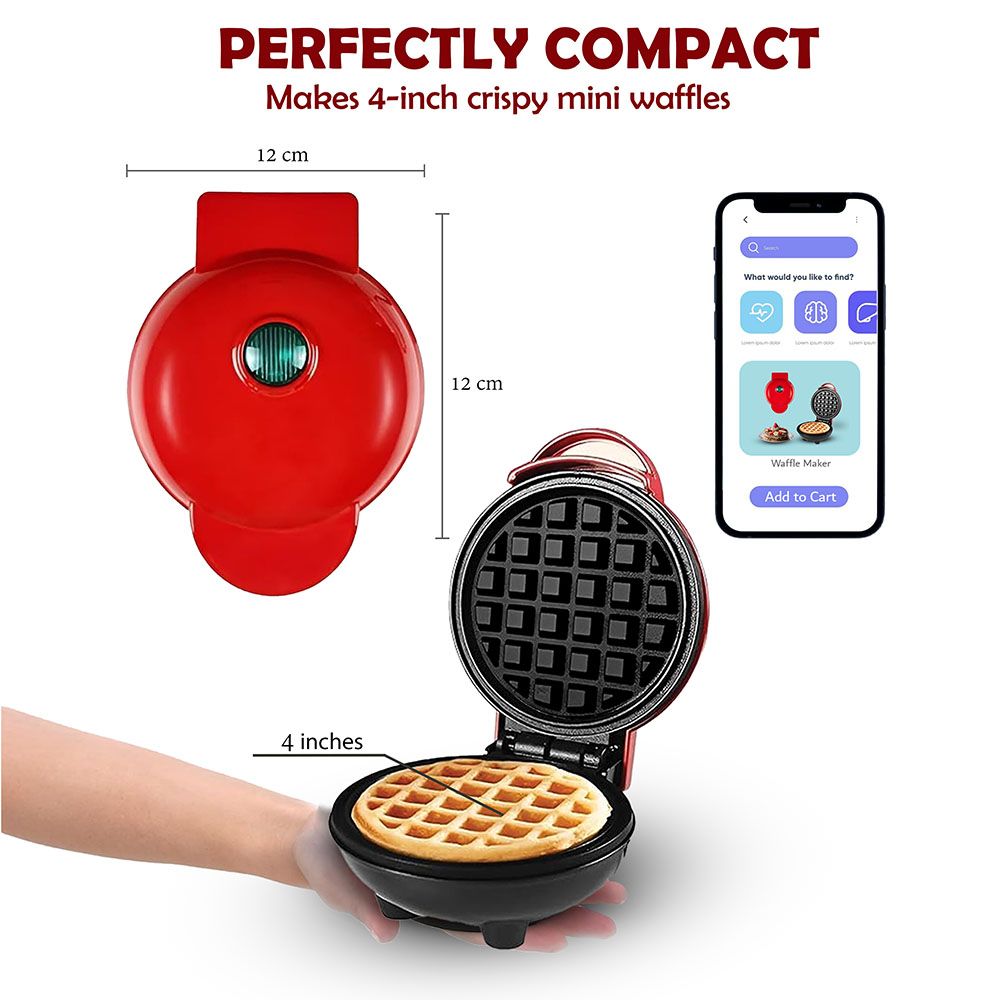 Jinou - Mini Waffle Maker - Red - 4-Inch - 350 W