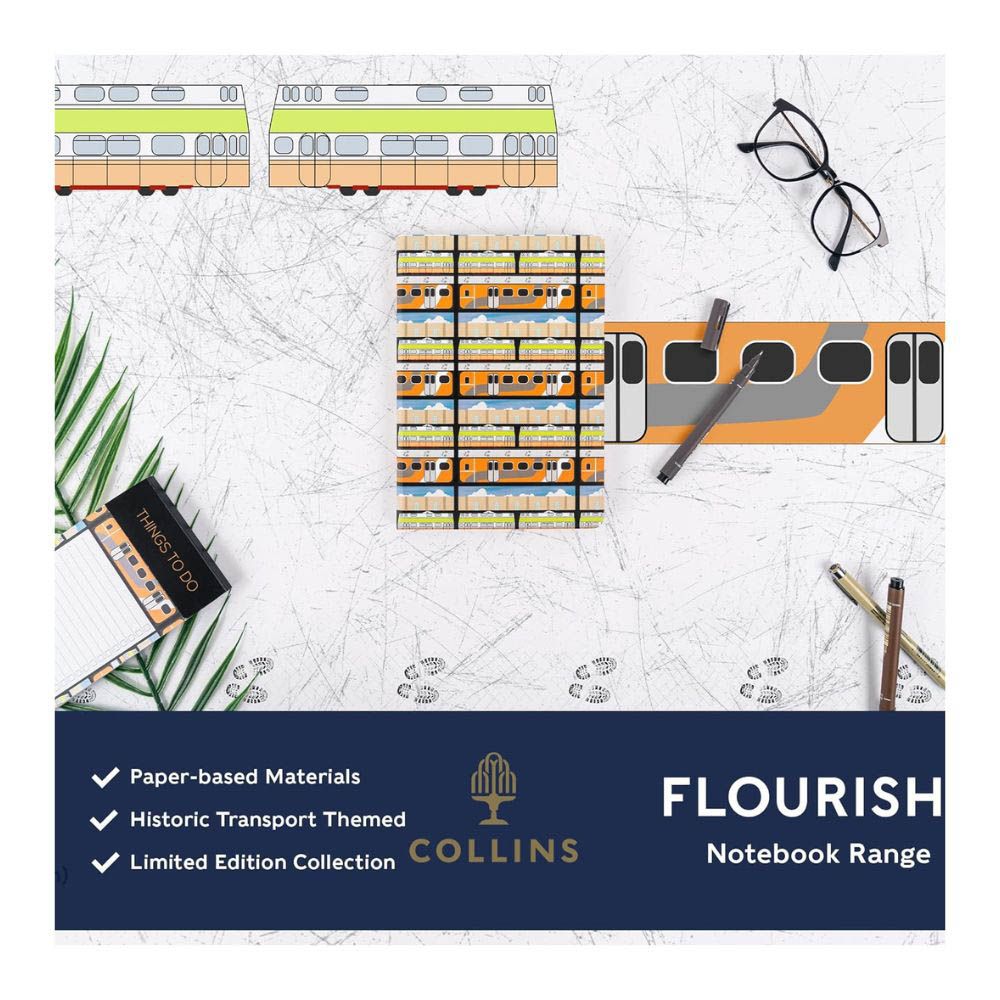 Collins - Flourish A5 Train Design Ruled Notebook - Black