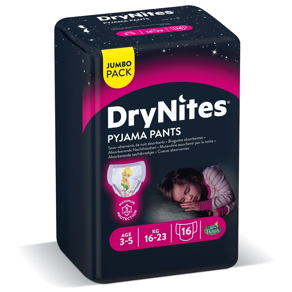 Huggies - DryNites Pyjama Pants, 3-5 years, Bed Wetting Diaper, Girl, 16-23 kg, Jumbo Pack, 16 Pants