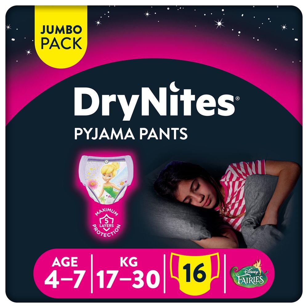 Huggies - DryNites Pyjama Pants, 4-7 years, Bed Wetting Diaper, Girls, 17-30 kg, Jumbo Pack, 16 Pants