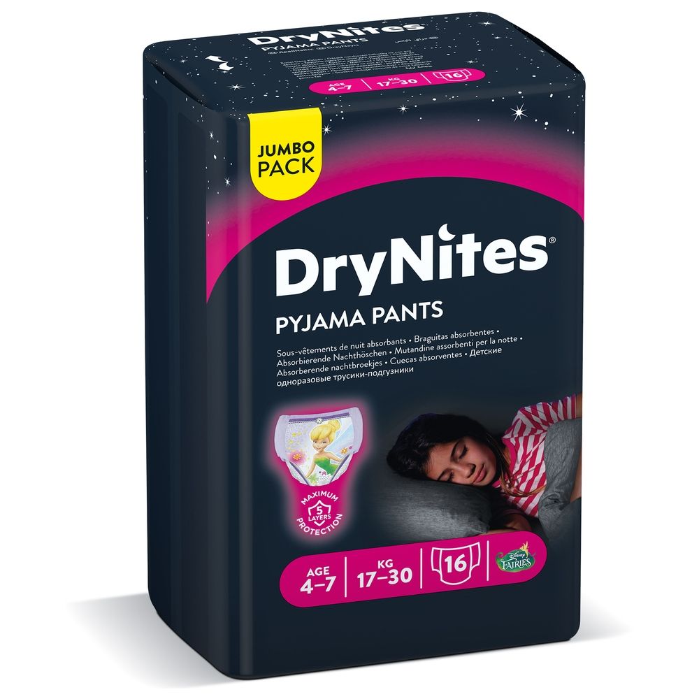 Huggies - DryNites Pyjama Pants, 4-7 years, Bed Wetting Diaper, Girls, 17-30 kg, Jumbo Pack, 16 Pants