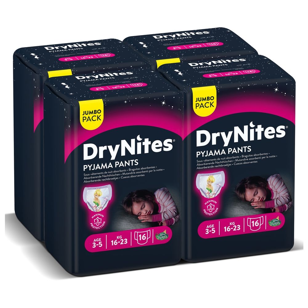 Huggies - DryNites Pyjama Pants, 3-5 years, Bed Wetting Diaper, Girl, 16-23 kg - Pack of 4 - Jumbo Packs, 64 Pants