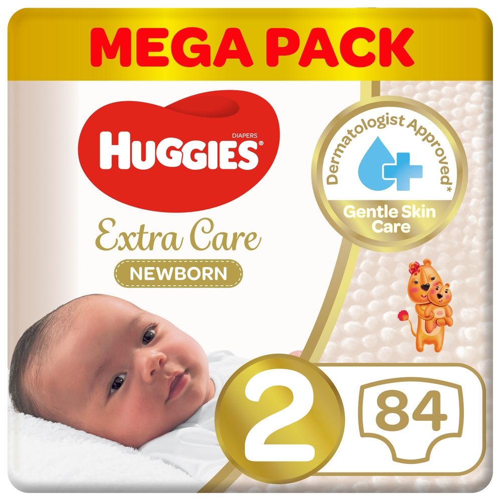 Huggies - Extra Care Newborn, Size 2, 4 - 6 kg, Mega Pack, 84 Diapers - Packaging May Vary