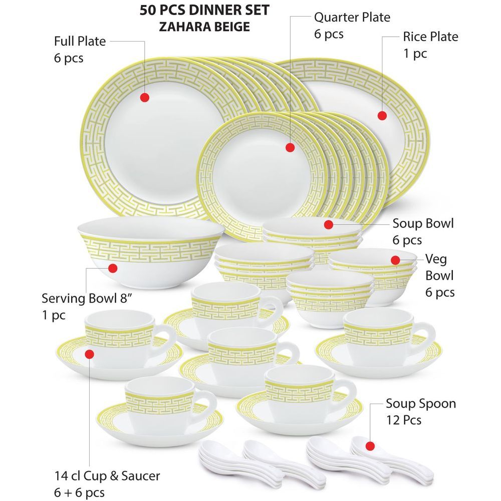 Borosil - Plano Opal Dinner Set - Zahara Beige - 50 Pcs