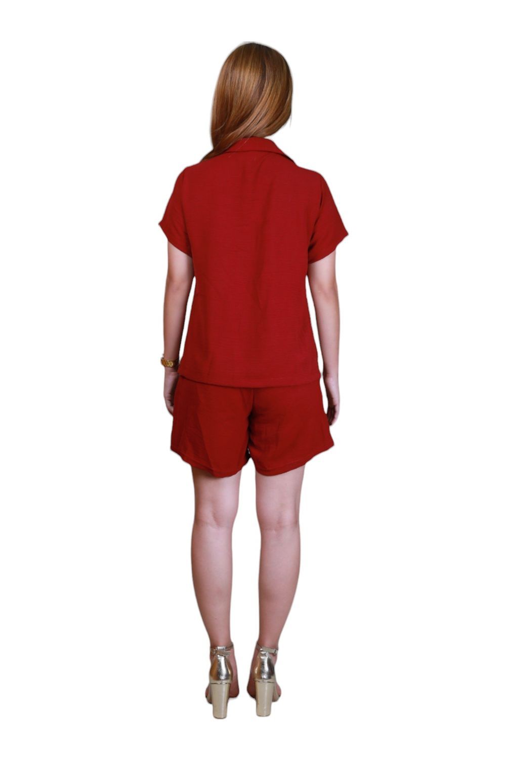 Veronica - Women's Stylish Shirt And Shorts Co-ord Set - Red