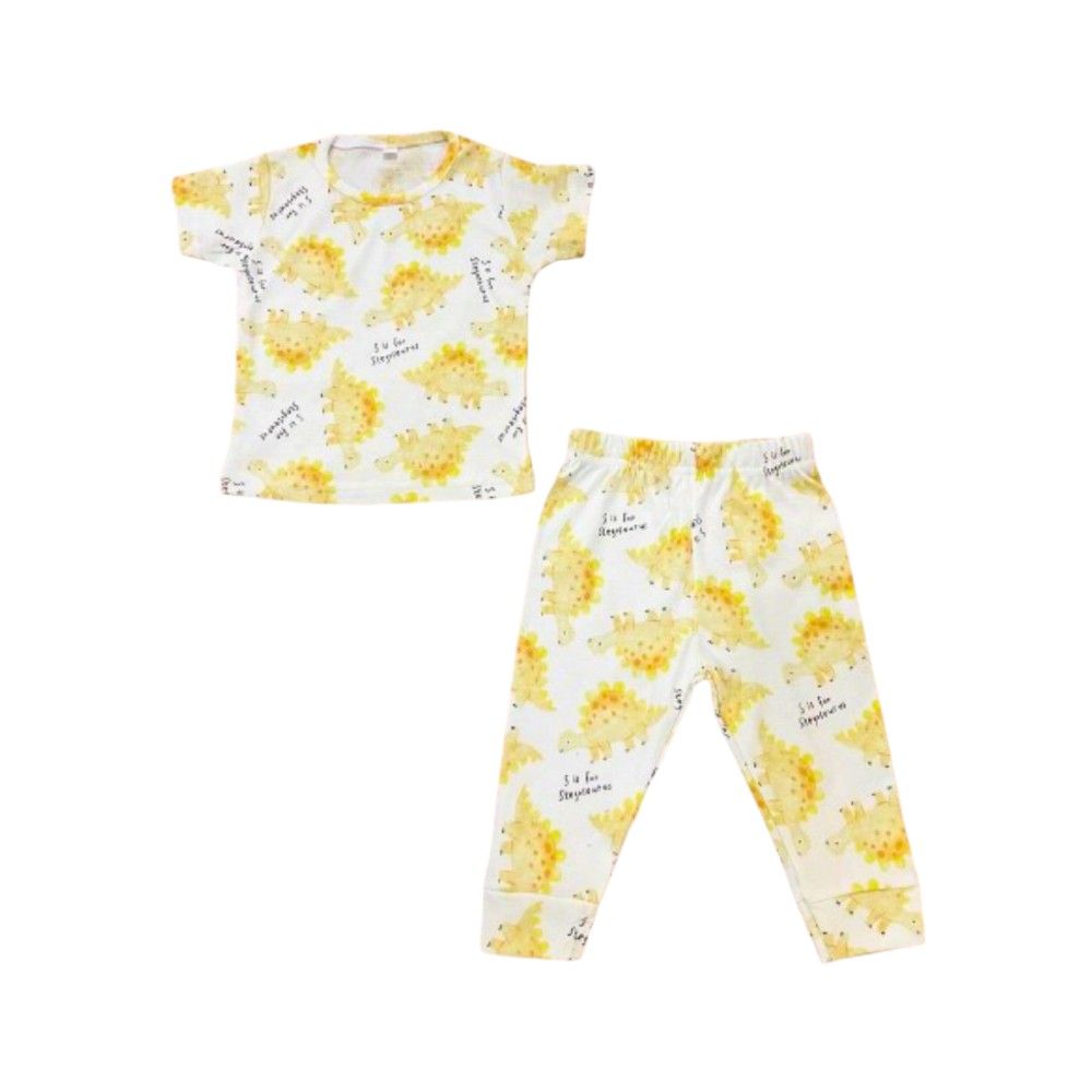 Veronica - Pyjama Set - Dinosaur Print - White/Yellow - 2 Pcs