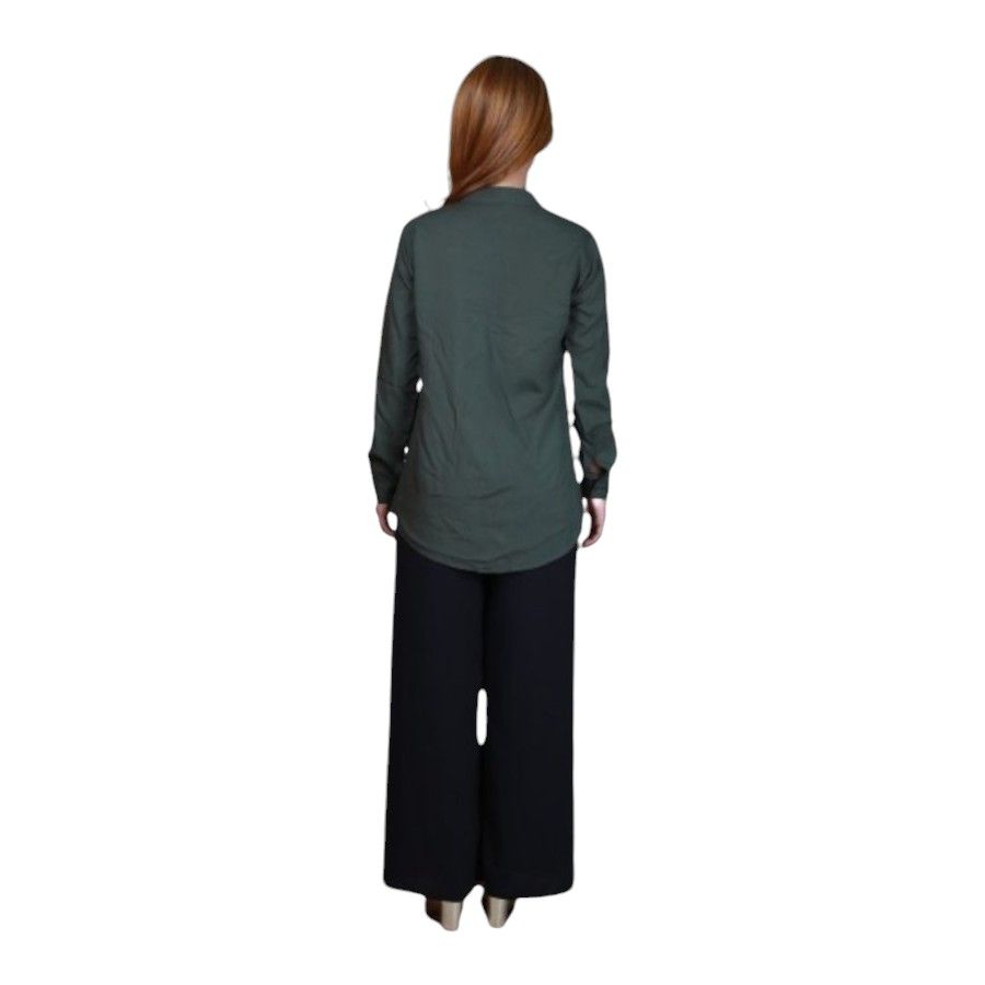 Veronica - Classic Full-Sleeve Plain Button-Down Shirt With Chinese Collar - Dark Green