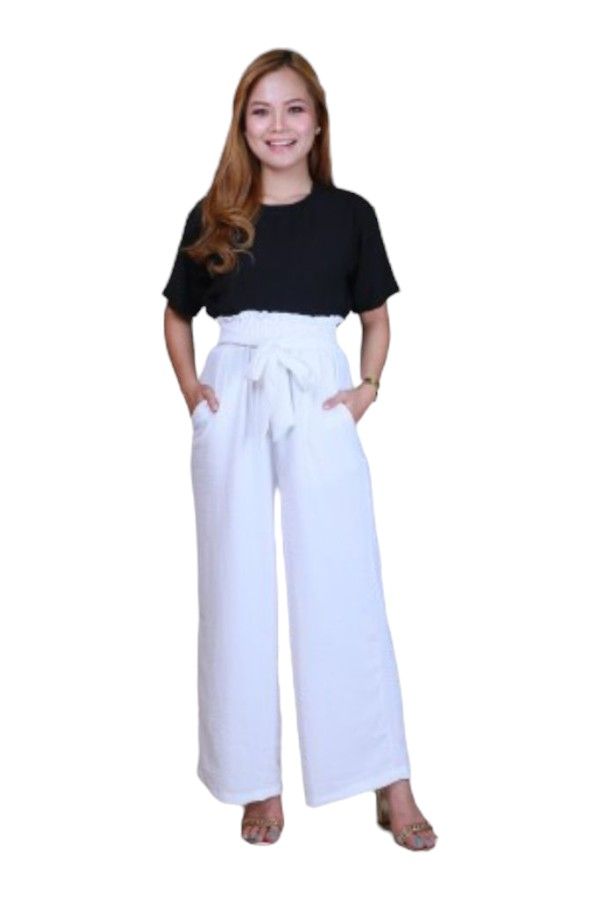 Veronica - High-Waisted Wide-Leg Pants with Belt - White