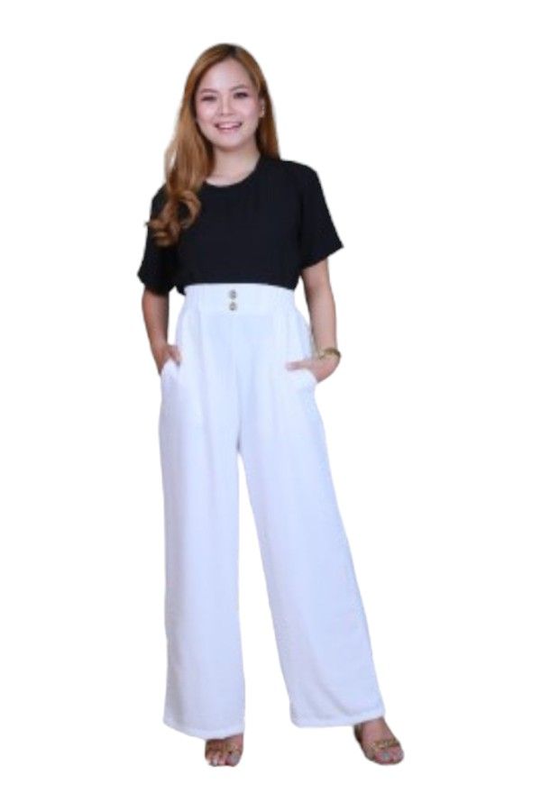 Veronica - High-Waisted Wide-Leg Pants with Button - White