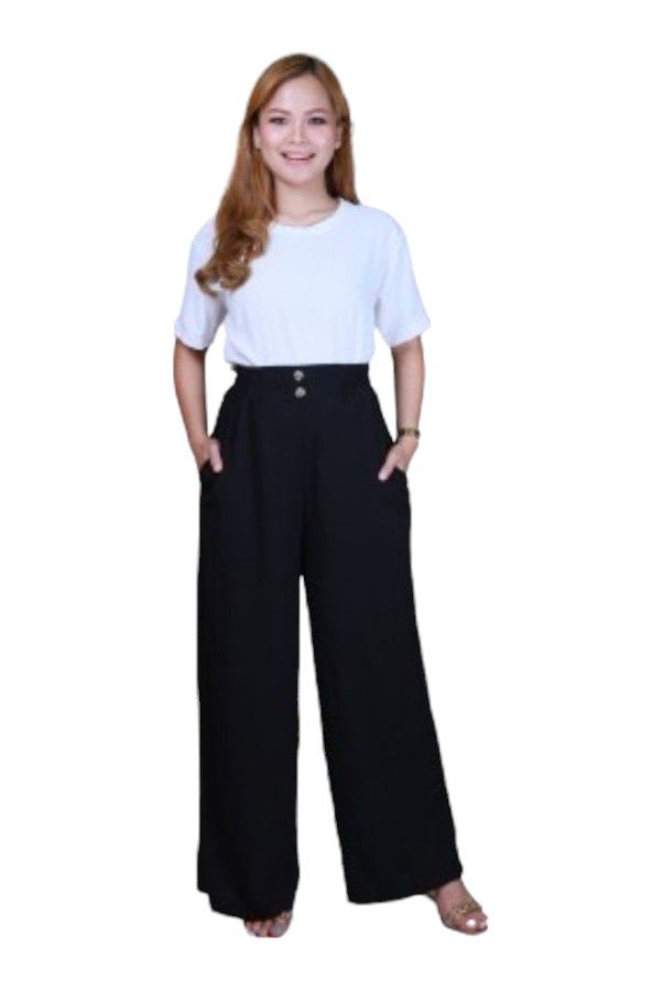 Veronica - High-Waist Buttoned Wide-Leg Trouser - Black