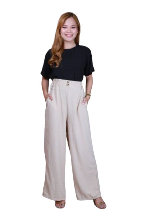 Veronica - High-Waist Palazzo Pants with Button - Beige