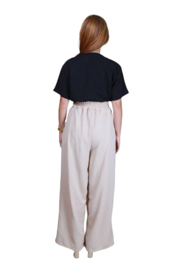 Veronica - High-Waist Palazzo Pants with Button - Beige