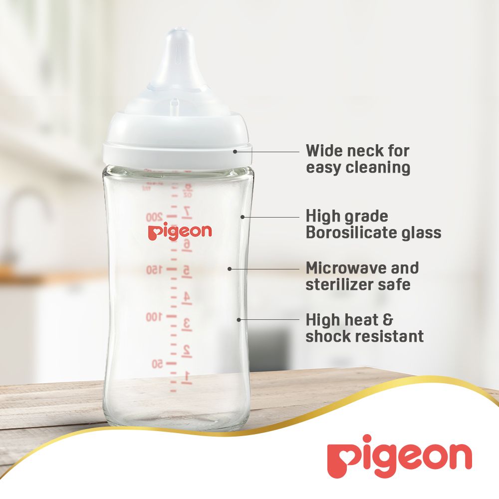 Pigeon - Softouch Wide Neck Glass Feeding Bottle - White - 240 ml