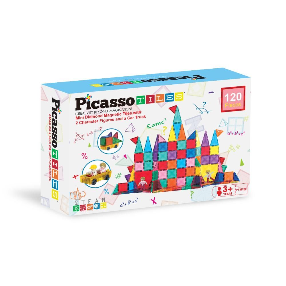 Picasso Tiles - Magnetic Tiles Mini Diamond W/ Characters & Car - 120Pcs