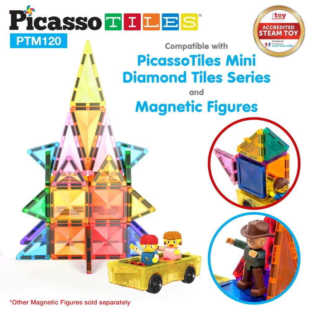 Picasso Tiles - Magnetic Tiles Mini Diamond W/ Characters & Car - 120Pcs