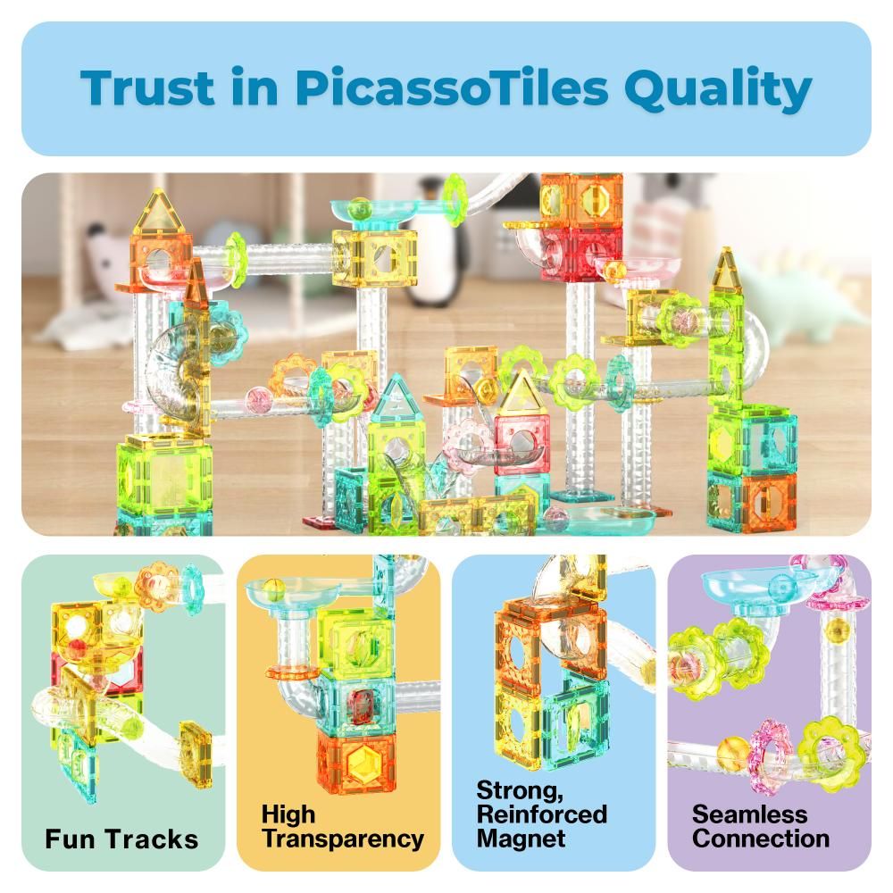 Picasso Tiles - Magnetic Mini Diamond Marble Run Track - 60 Pcs