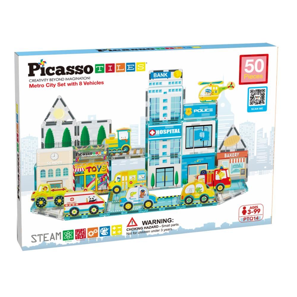 Picasso Tiles - Magnetic 3D Metro City Set W/ 8 Vehicles - 50 Pcs