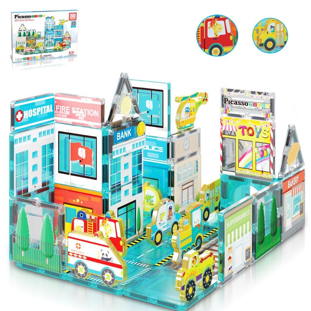 Picasso Tiles - Magnetic 3D Metro City Set W/ 8 Vehicles - 50 Pcs