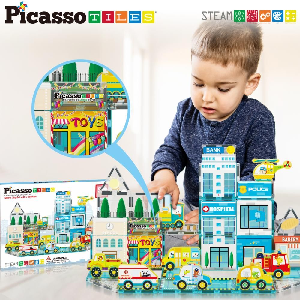 Picasso Tiles - Magnetic 3D Metro City Set W/ 8 Vehicles - 50 Pcs