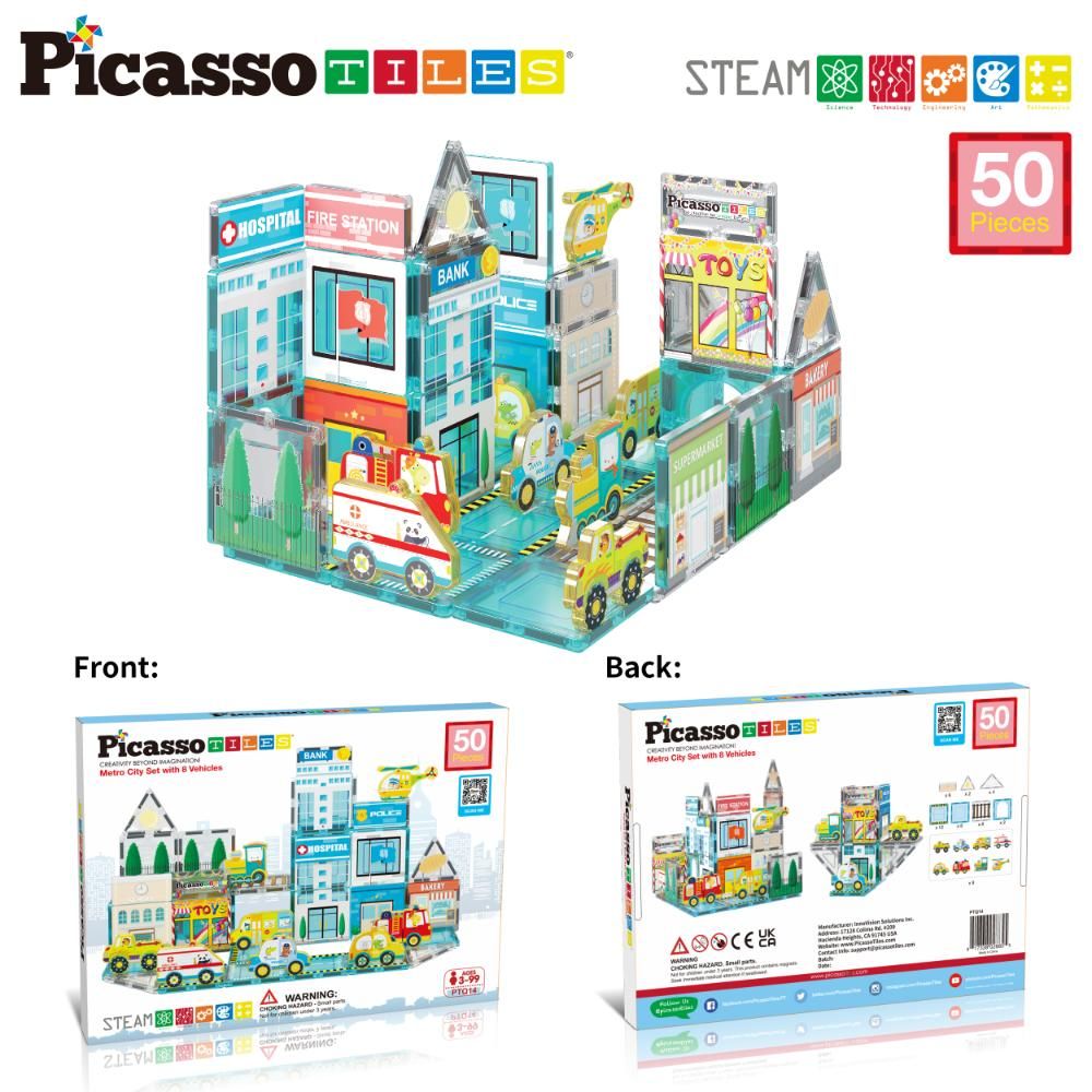 Picasso Tiles - Magnetic 3D Metro City Set W/ 8 Vehicles - 50 Pcs