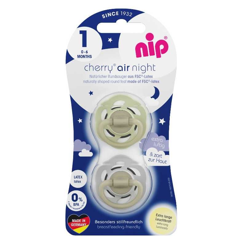 Nip - Cherry Air Night Glow-In-The-Dark Round Latex Soother - 2pcs - 0-6M - Grey/Green