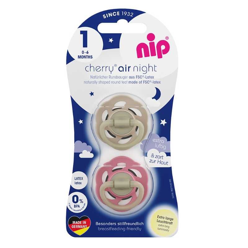 Nip - Cherry Air Night Glow-In-The-Dark Round Latex Soother - 2pcs - 0-6M - Brown/Red