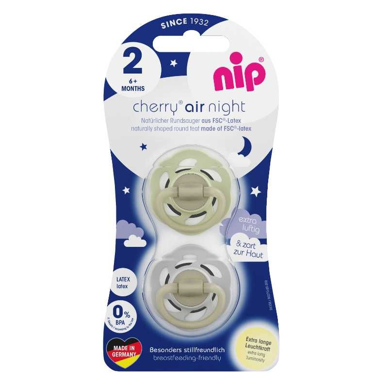 Nip - Cherry Air Night Glow-In-The-Dark Round Latex Soother - 2pcs - 6M+ - Grey/Green