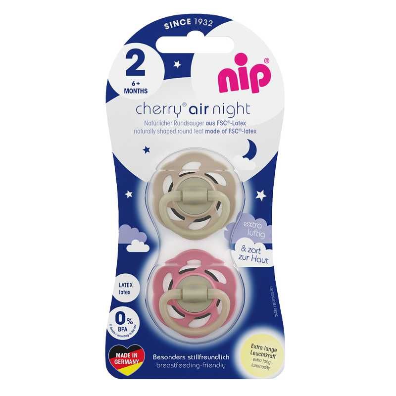 Nip - Cherry Air Night Glow-In-The-Dark Round Latex Soother - 2pcs - 6M+ - Brown/Red