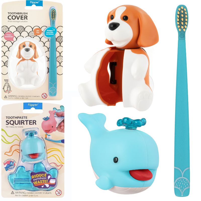 Flipper - Dental Care Pack - Toothbrush With Toothbrush Cover & Toothpaste Tube Squeezer - Beagle & Bluey Whale