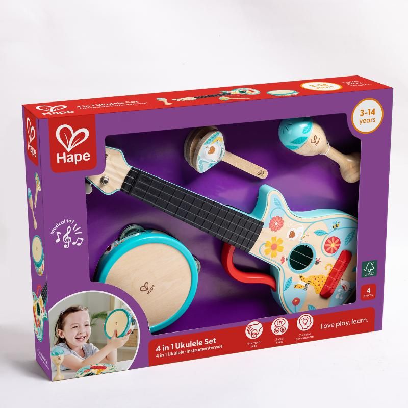 Hape - 4-in-1 Ukulele Music Instrument Wooden Set - 4pcs