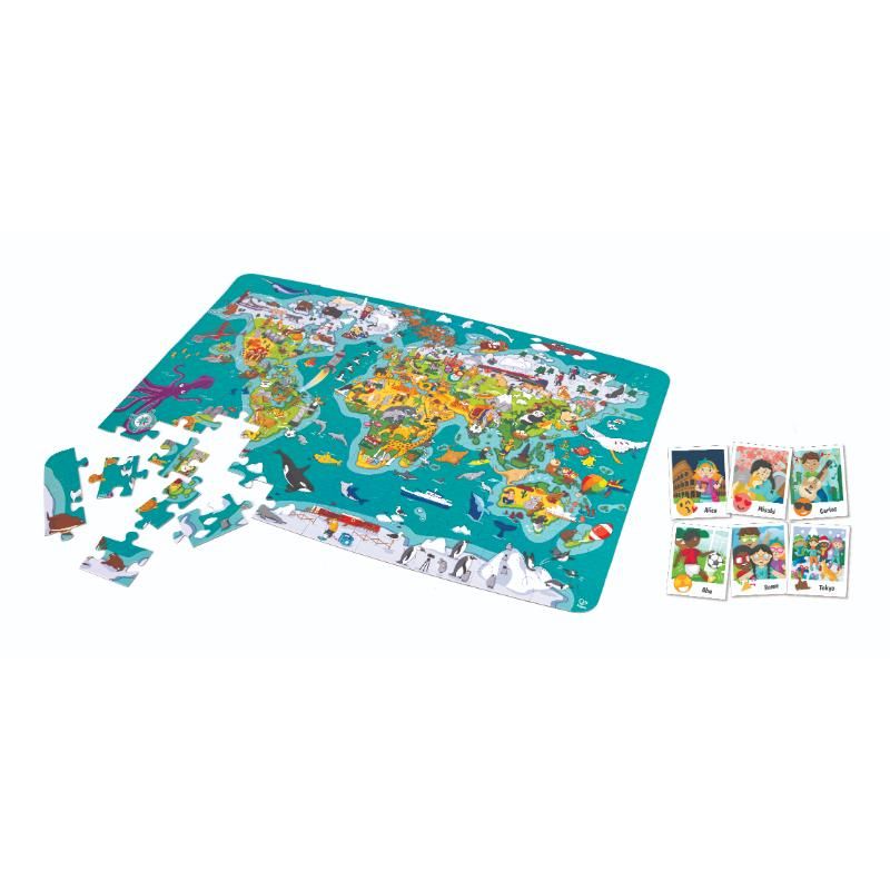 Hape - World Observation Map Puzzle 100pcs + 6 Search Cards