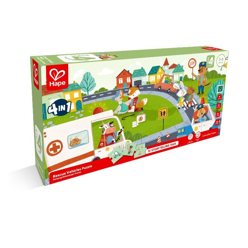 Hape - 4-in-1 Rescue Vehicle Jigsaw Puzzle With Cotton Bag - 57pcs