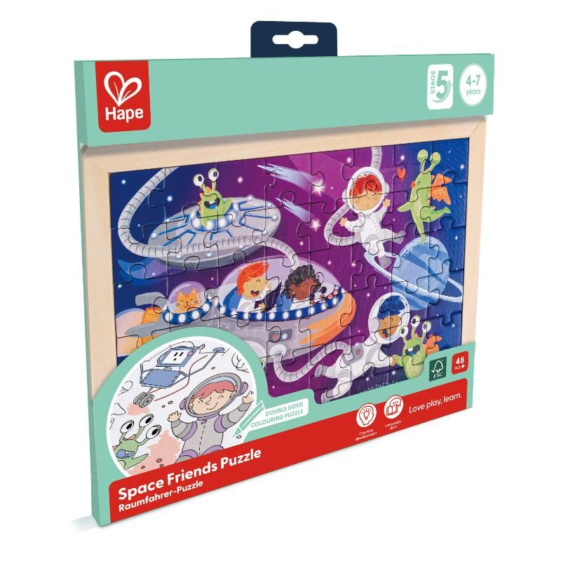 Hape - Space Friends Double Sided Coloring Jigsaw Puzzle - 48pcs