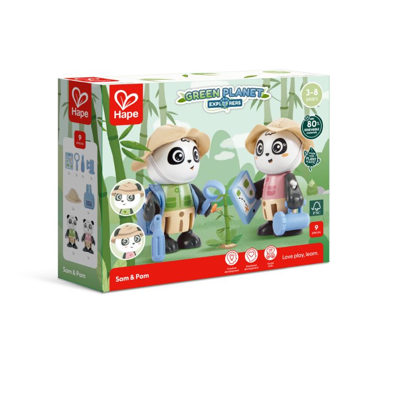 Hape - Sam And Pam Panda Figure Role Play With Accessories - 9 Pcs