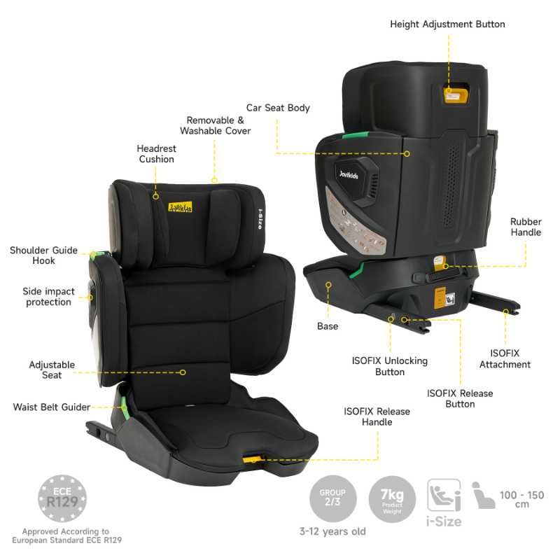 Jovikids - Rober i-Size Booster Car Seat ISOFIX, Cabin Size 3-12Y - Black