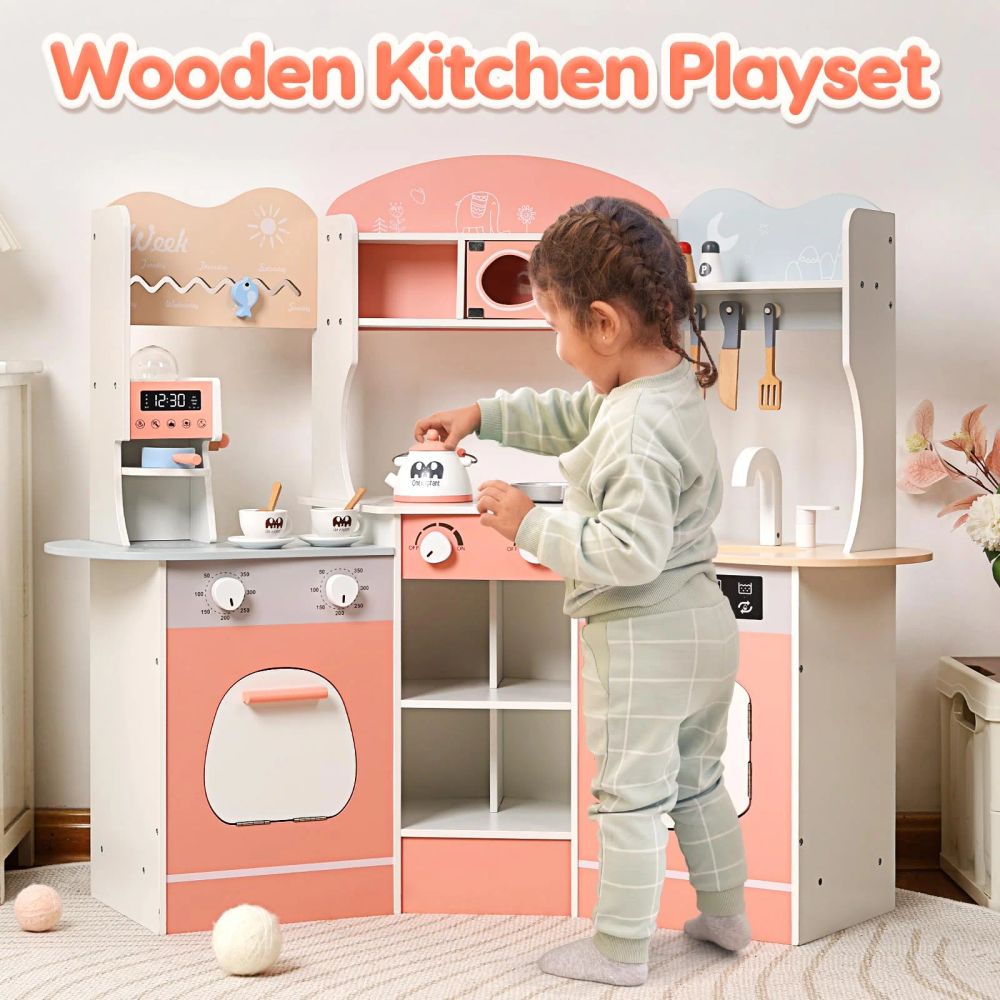 Little Angel - Kids Wooden Play Kitchen Set - Pink/White