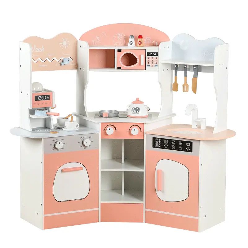 Little Angel - Kids Wooden Play Kitchen Set - Pink/White