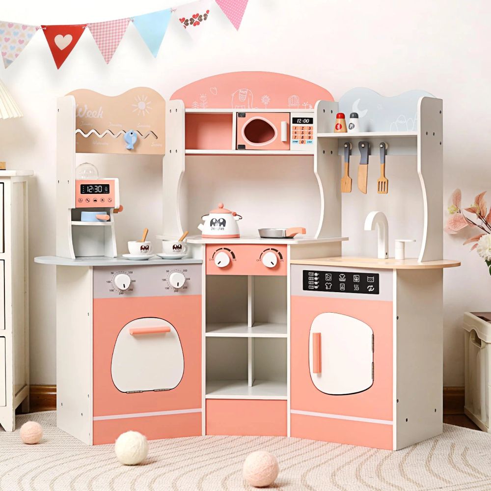 Little Angel - Kids Wooden Play Kitchen Set - Pink/White