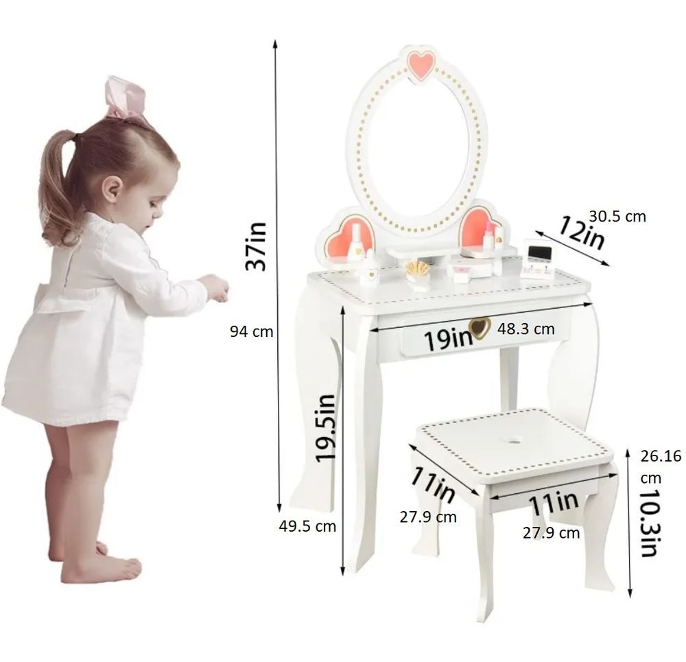 Little Angel - Kids Wooden Vanity Table & Stool Set For Girls