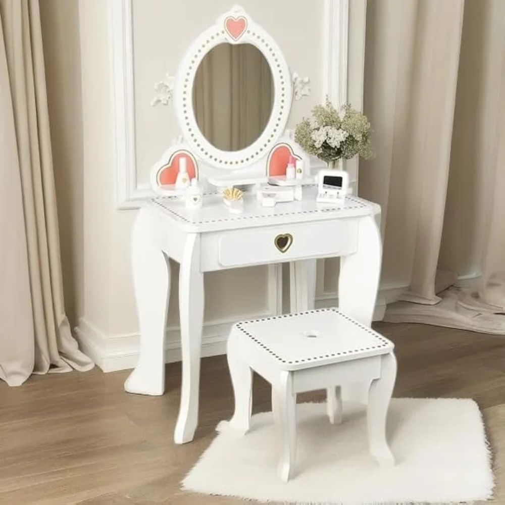 Little Angel - Kids Wooden Vanity Table & Stool Set For Girls