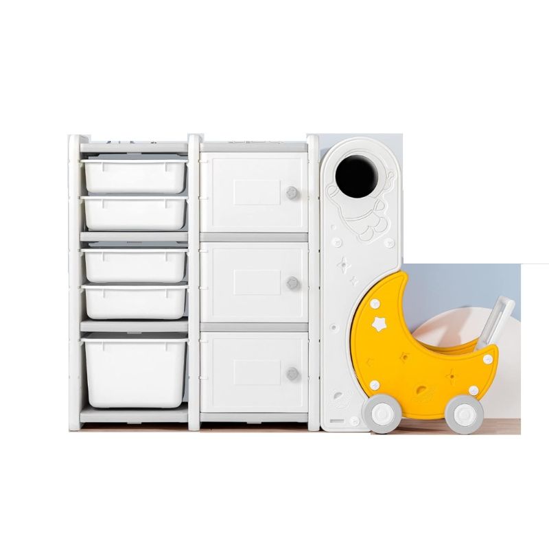 Little Angel - Kid Toys Organizer Cabinet With Bins And Cart - White/Yellow