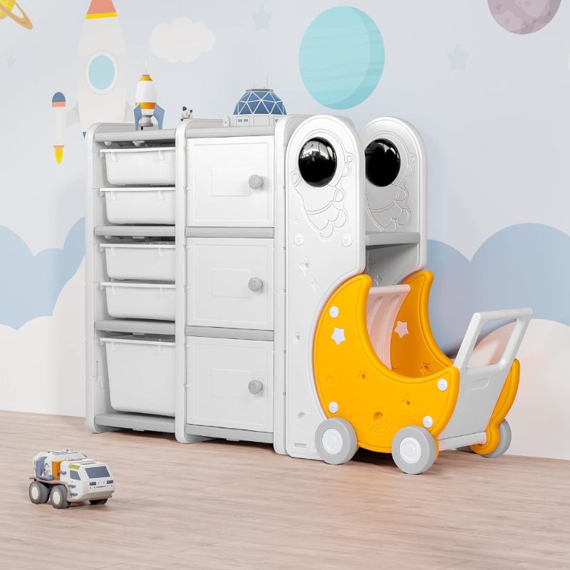 Little Angel - Kid Toys Organizer Cabinet With Bins And Cart - White/Yellow