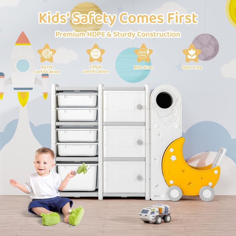 Little Angel - Kid Toys Organizer Cabinet With Bins And Cart - White/Yellow